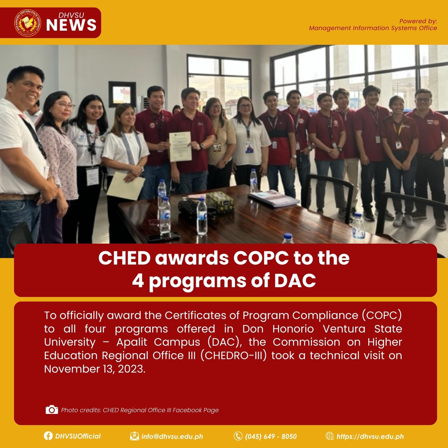 11142023   CHED awards COPC to the 4 programs of DAC   Information DHVSU