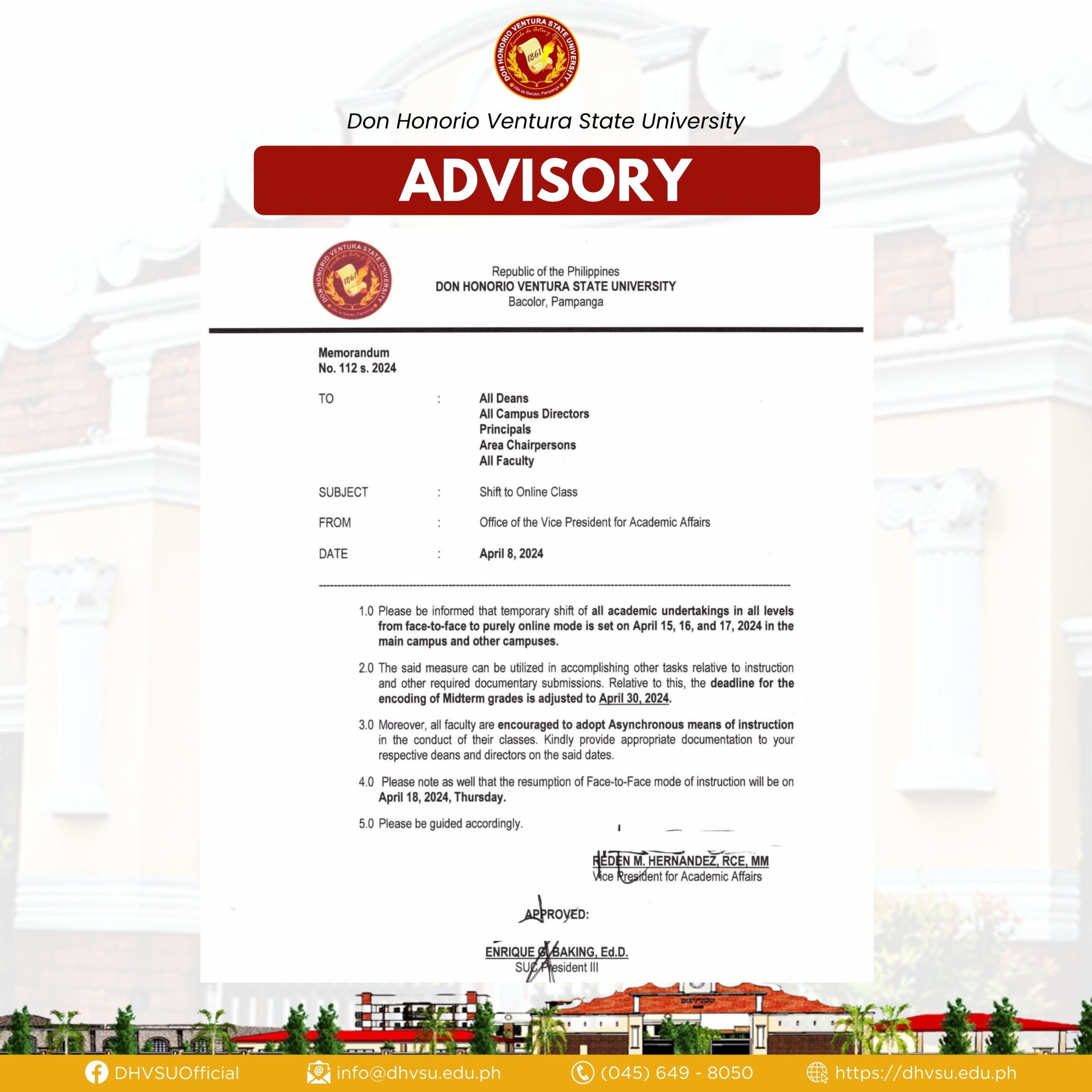 08042024   Temporary shift to online class on April 15 16 and 17 2024 in the DHVSU main campus and other campuses   Information DHVSU 1