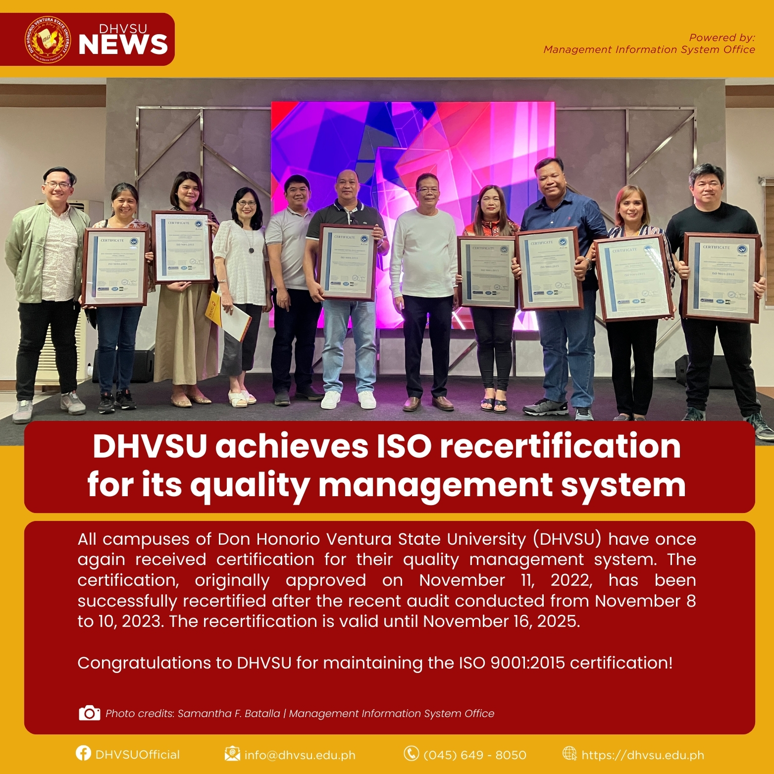 01152024   DHVSU achieves ISO recertification for its quality management system   Information DHVSU 1