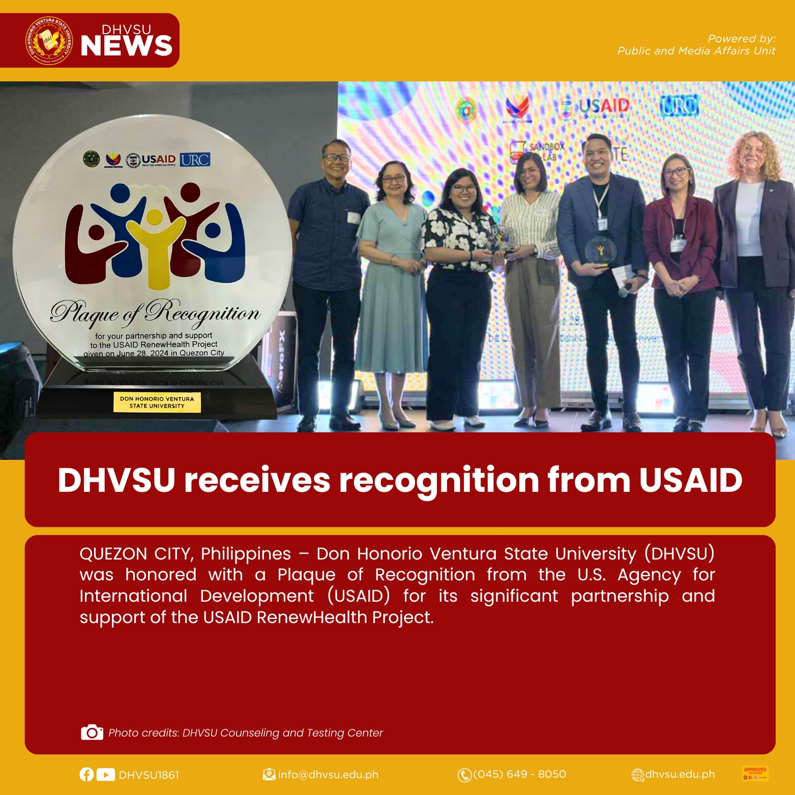 07162024   DHVSU receives recognition from USAID   Information DHVSU