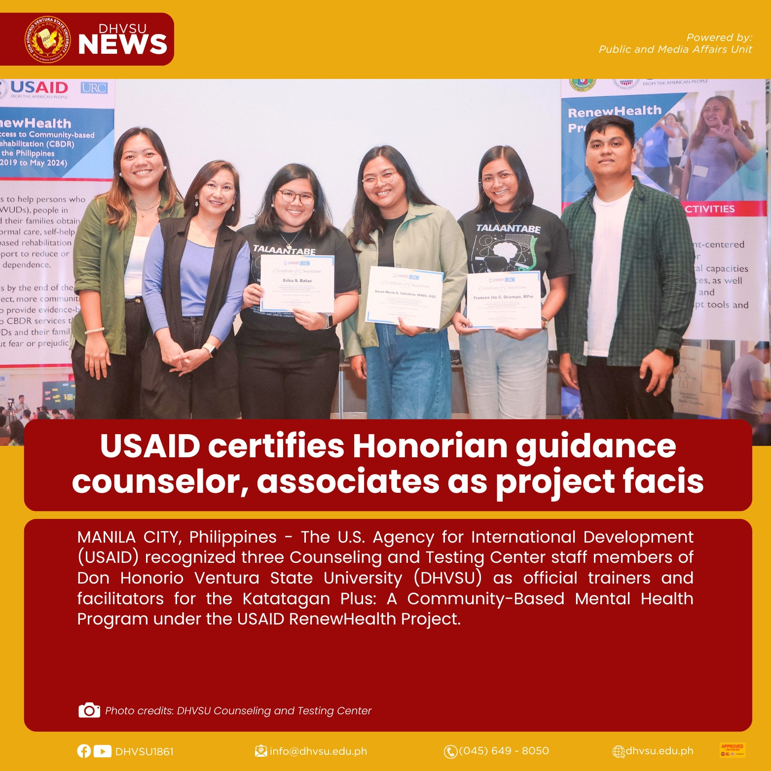 07172024   USAID certifies Honorian guidance counselor associates as project facis   Information DHVSU