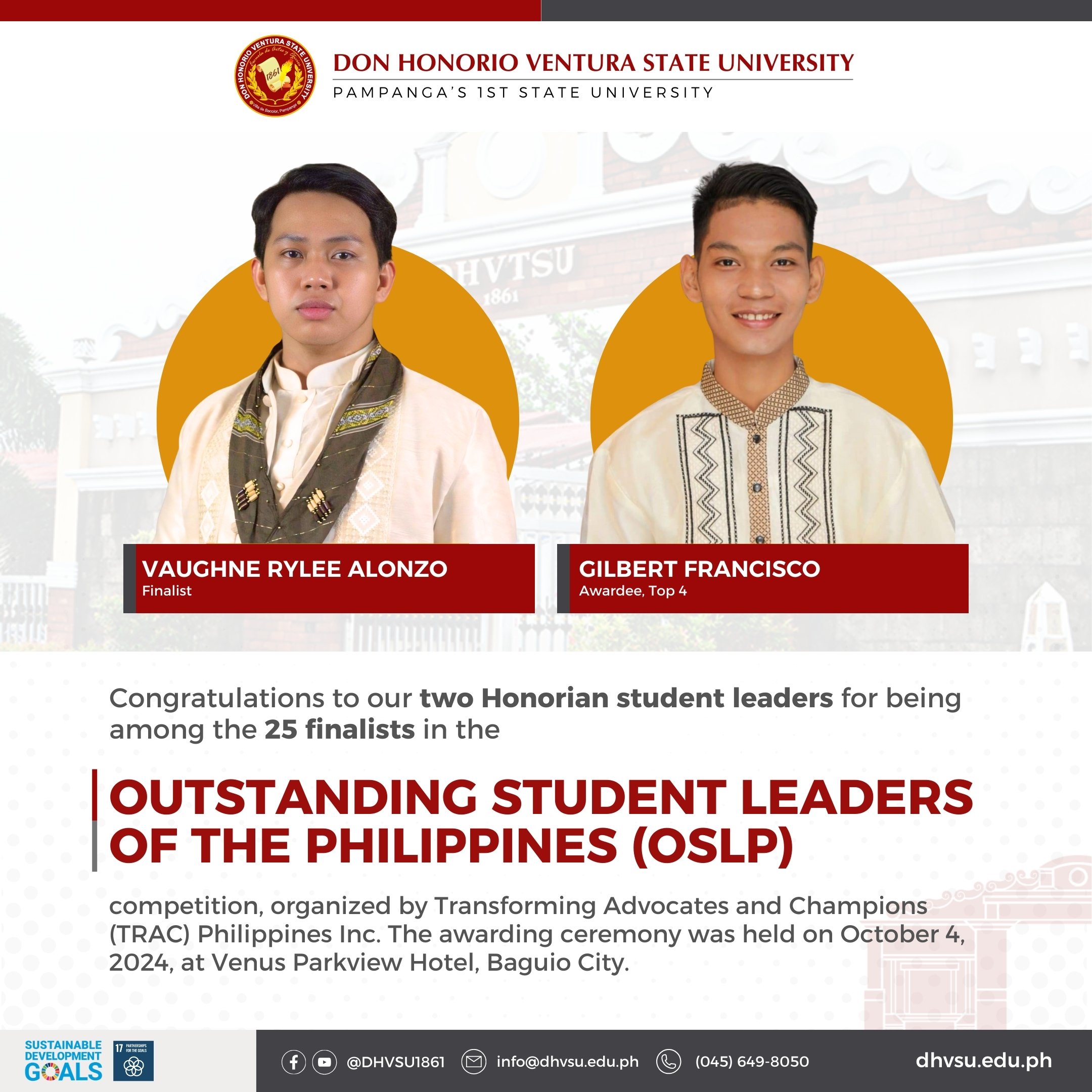 10072024   2 Honorian student leaders emerge as finalists in 2024 OSLP   Information DHVSU