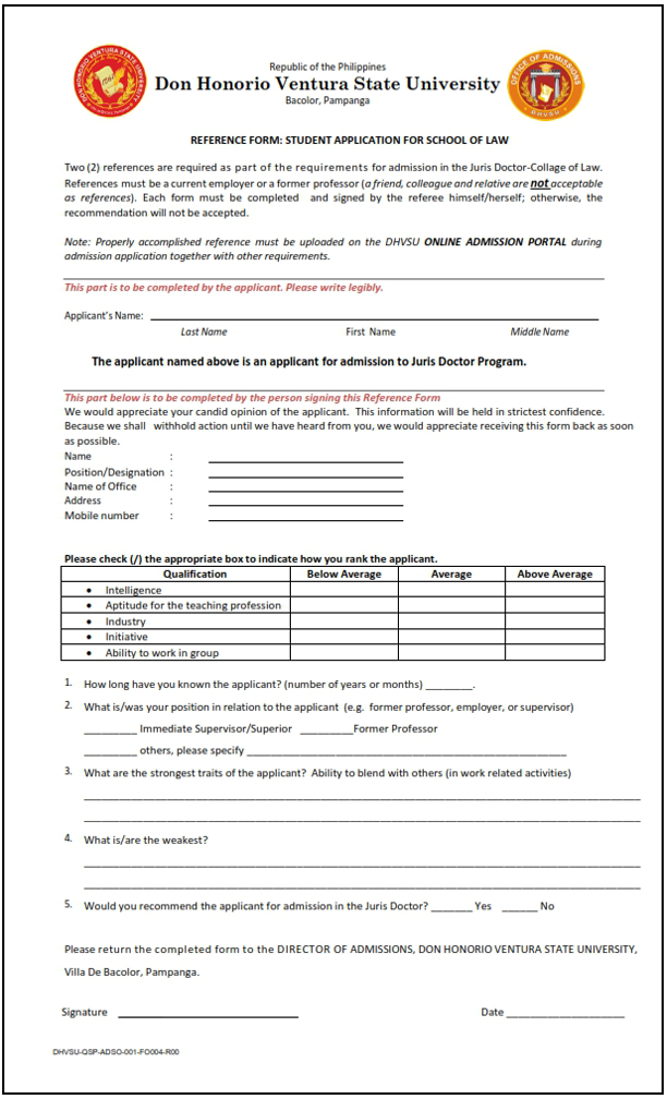 Recommendation Form Juris Doctor