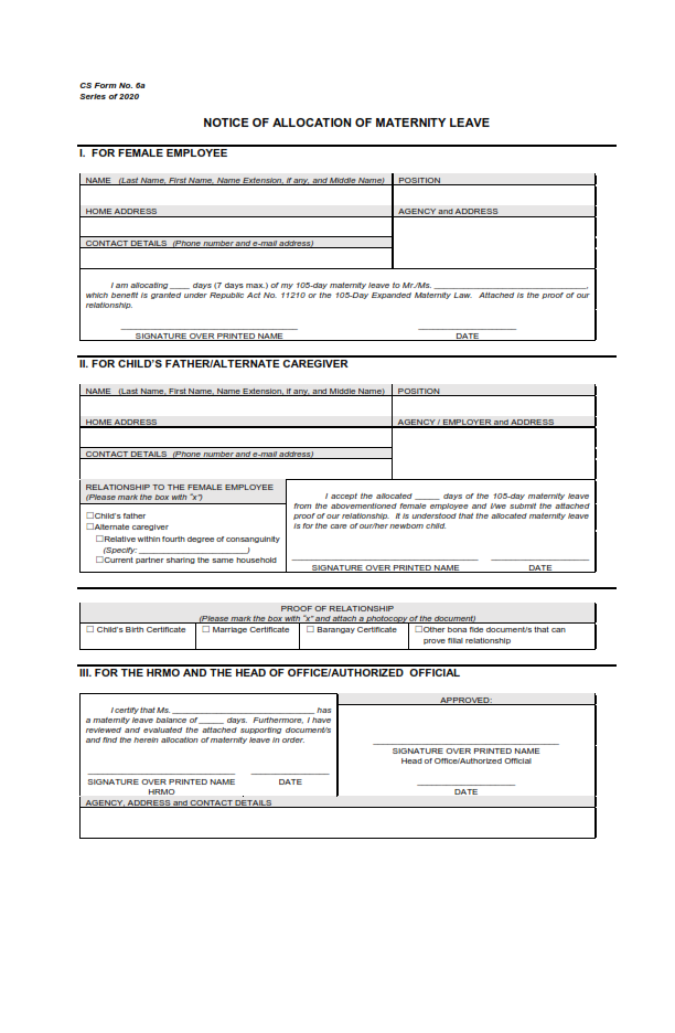 CS Form No 6a s 2020 Notice of Allocation of Maternity Leave 20210503 001