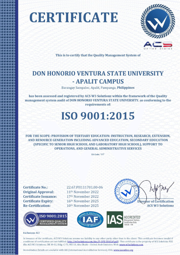 ISO Certificate    Apalit Campus 001