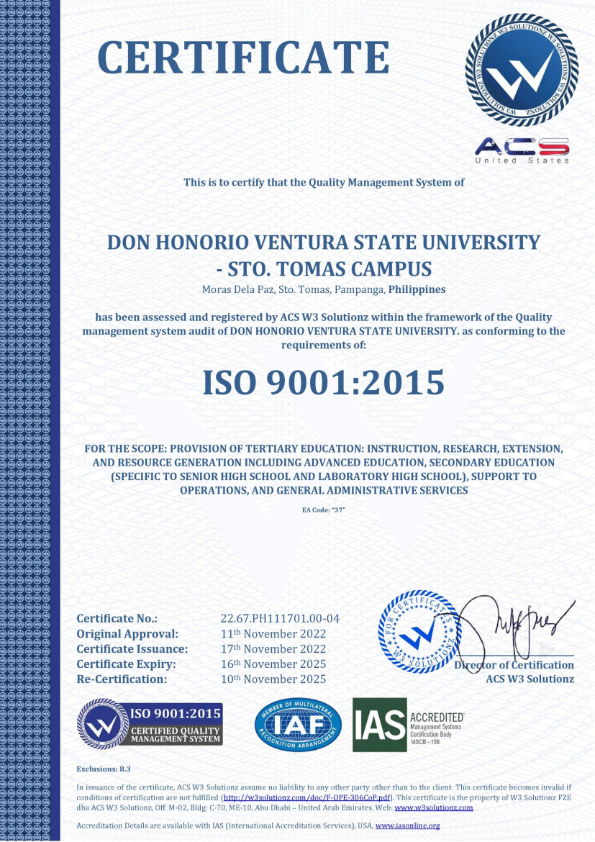 ISO Certificate  Sto. Tomas Campus 001